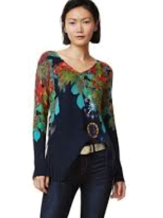 Desigual Sweaters - Desigual Navy Sweater with Multicolor Leaf Motif